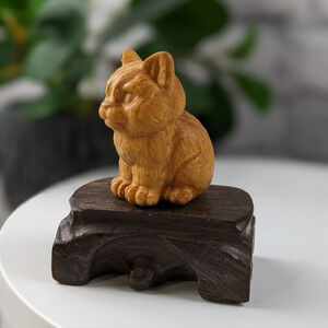 Wooden hand carved cat statue figurine sitting chonky fat ginger orange kitty